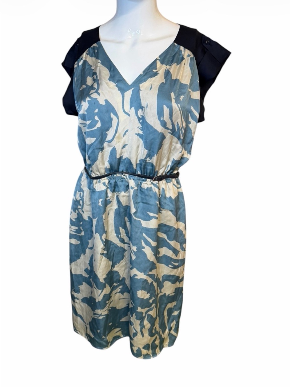 The Limited Blue and Cream Abstract Cap-Sleeve V-Neck Dress